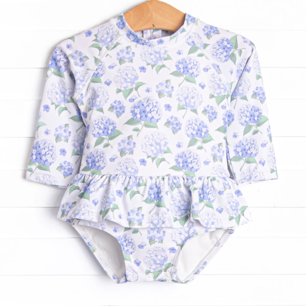 NWOT Beachside Blooms Long Sleeve One Piece Rash Guard, Blue